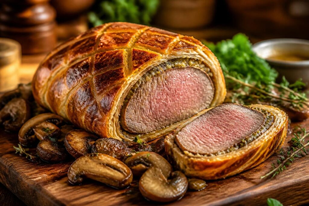 découvrez une recette savoureuse de filet mignon en croûte moelleux, cuit au four avec une garniture de champignons et une touche de moutarde pour un plat gourmand et facile à préparer.