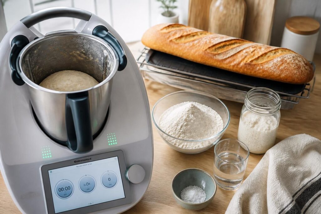 découvrez notre recette facile et rapide de baguette au levain naturel faite maison avec votre thermomix. un pain croustillant et savoureux à portée de main !