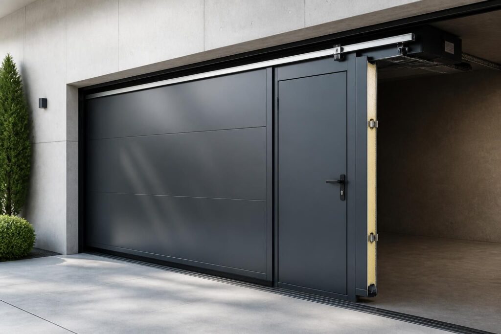 découvrez notre porte de garage isolante coulissante avec options motorisées et portillon intégré, alliant confort, sécurité et design moderne pour votre garage.