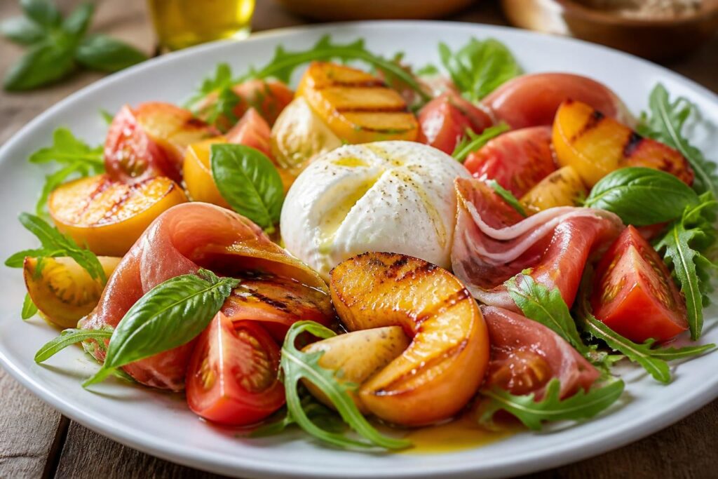 découvrez nos recettes gourmandes de salade pêche rôtie burrata, délicieusement accompagnées de tomates fraîches ou de jambon cru pour un repas savoureux et raffiné.